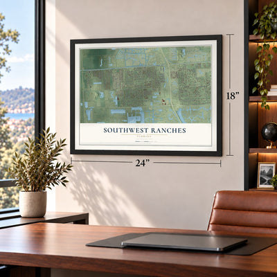Southwest Ranches, Florida map, 18 x 24 inch print in a black frame in a home office