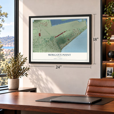 Morgan's Point, Texas map, 18 x 24 inch print in a black frame in a home office