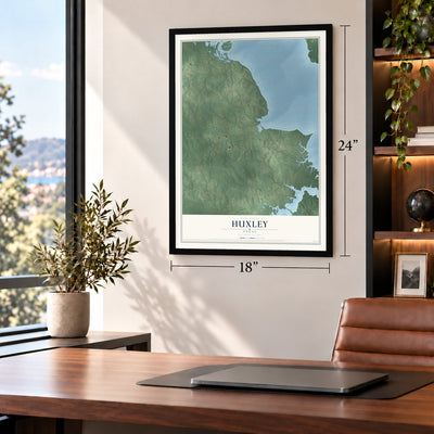 Huxley, Texas map, 18 x 24 inch print in a black frame in a home office