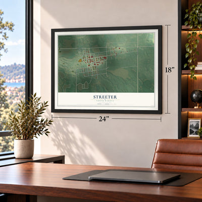 Streeter, North Dakota map, 18 x 24 inch print in a black frame in a home office