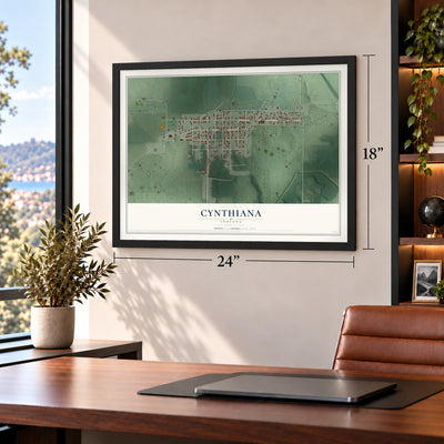 Cynthiana, Indiana map, 18 x 24 inch print in a black frame in a home office