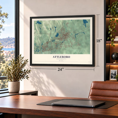 Attleboro, Massachusetts map, 18 x 24 inch print in a black frame in a home office