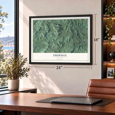 Thurman, New York map, 18 x 24 inch print in a black frame in a home office