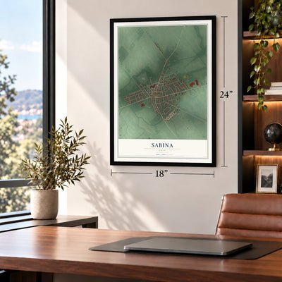 Sabina, Ohio map, 18 x 24 inch print in a black frame in a home office