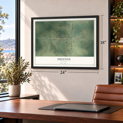 Preston, Missouri map, 18 x 24 inch print in a black frame in a home office