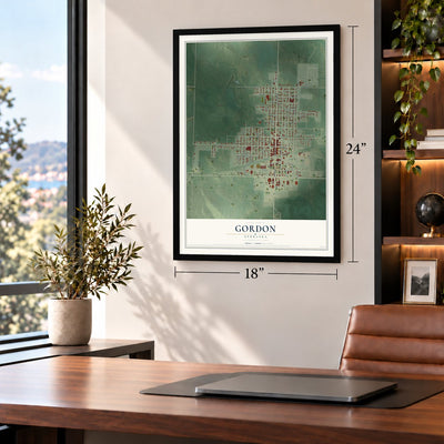 Gordon, Nebraska map, 18 x 24 inch print in a black frame in a home office