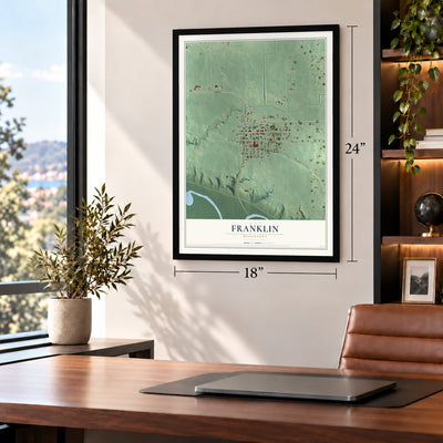 Franklin, Minnesota map, 18 x 24 inch print in a black frame in a home office