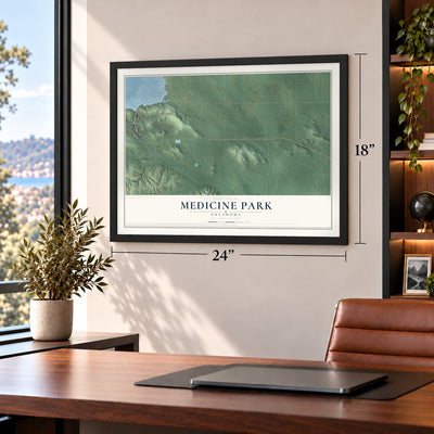 Medicine Park, Oklahoma map, 18 x 24 inch print in a black frame in a home office