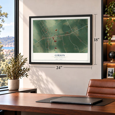 Gibson, North Carolina map, 18 x 24 inch print in a black frame in a home office