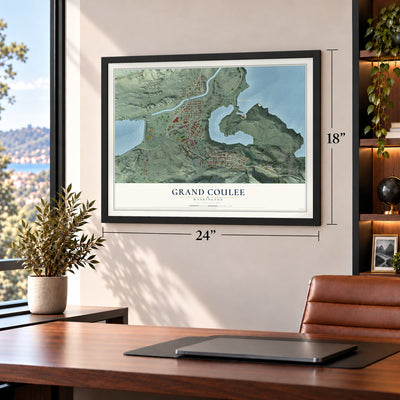 Grand Coulee, Washington map, 18 x 24 inch print in a black frame in a home office