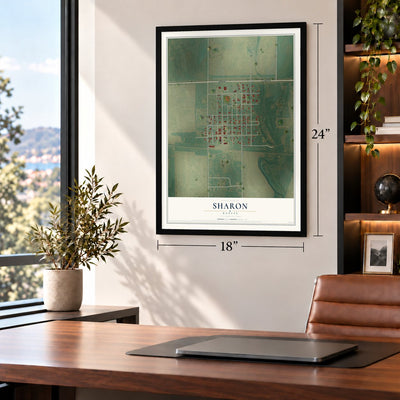 Sharon, Kansas map, 18 x 24 inch print in a black frame in a home office