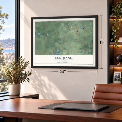 Bertrand, Michigan map, 18 x 24 inch print in a black frame in a home office