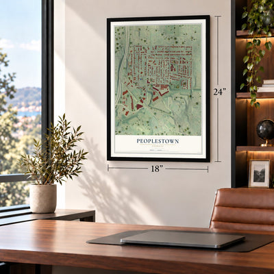 Peoplestown, Georgia map, 18 x 24 inch print in a black frame in a home office