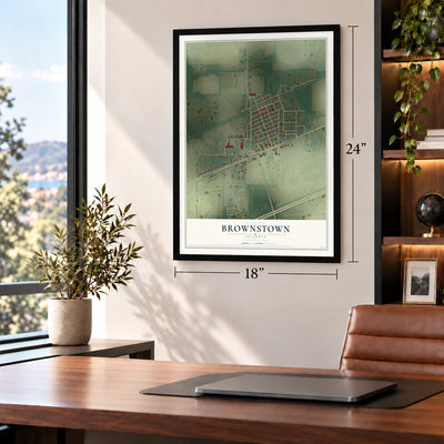 Brownstown, Illinois map, 18 x 24 inch print in a black frame in a home office