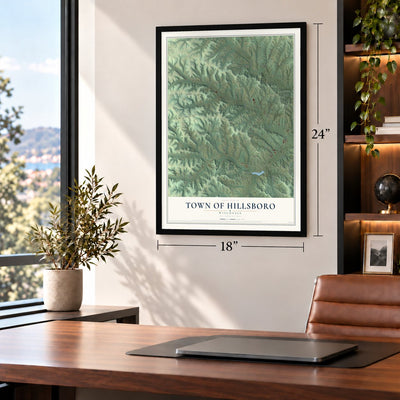 Town of Hillsboro, Wisconsin map, 18 x 24 inch print in a black frame in a home office
