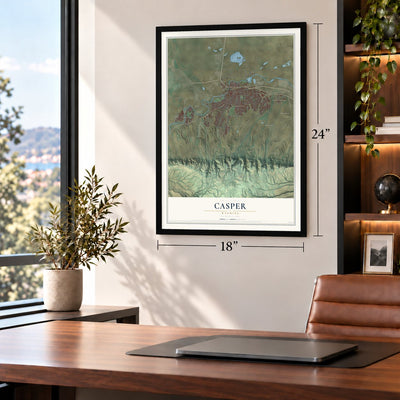 Casper, Wyoming map, 18 x 24 inch print in a black frame in a home office
