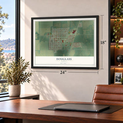 Douglass, Kansas map, 18 x 24 inch print in a black frame in a home office