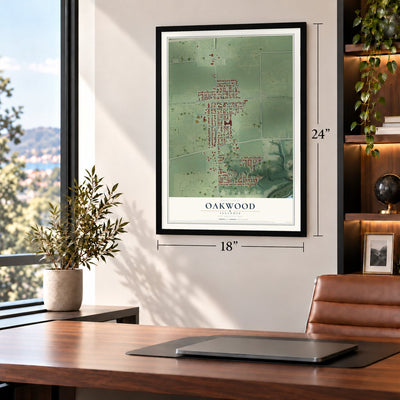 Oakwood, Illinois map, 18 x 24 inch print in a black frame in a home office