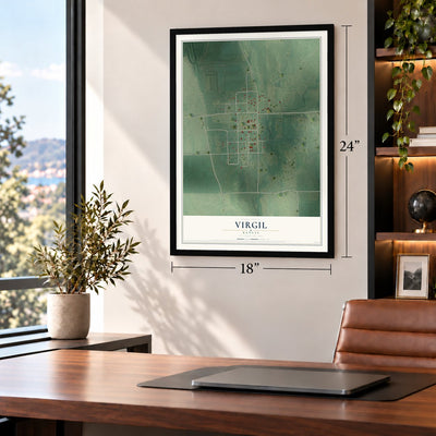 Virgil, Kansas map, 18 x 24 inch print in a black frame in a home office