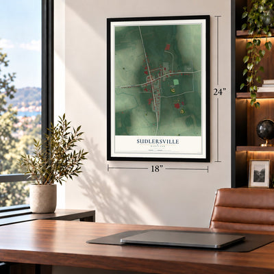 Sudlersville, Maryland map, 18 x 24 inch print in a black frame in a home office