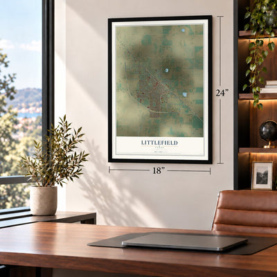 Littlefield, Texas map, 18 x 24 inch print in a black frame in a home office