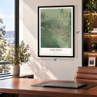 Lone Rock, Wisconsin map, 18 x 24 inch print in a black frame in a home office