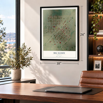 Big Sandy, Montana map, 18 x 24 inch print in a black frame in a home office