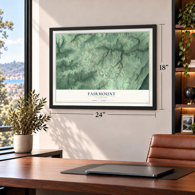 Fairmount, Tennessee map, 18 x 24 inch print in a black frame in a home office