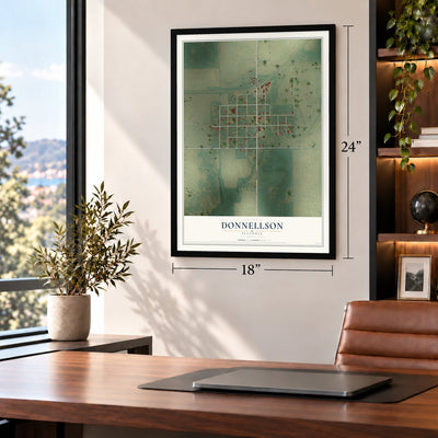 Donnellson, Illinois map, 18 x 24 inch print in a black frame in a home office