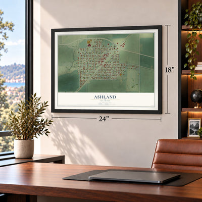 Ashland, Illinois map, 18 x 24 inch print in a black frame in a home office