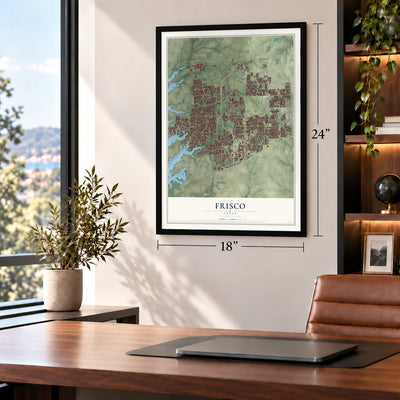 Frisco, Texas map, 18 x 24 inch print in a black frame in a home office