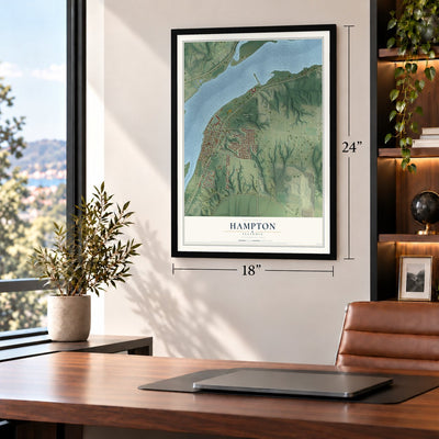 Hampton, Illinois map, 18 x 24 inch print in a black frame in a home office