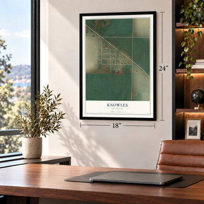 Knowles, Oklahoma map, 18 x 24 inch print in a black frame in a home office