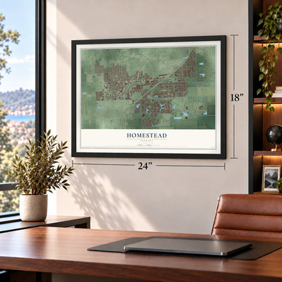 Homestead, Florida map, 18 x 24 inch print in a black frame in a home office