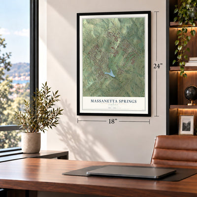 Massanetta Springs, Virginia map, 18 x 24 inch print in a black frame in a home office