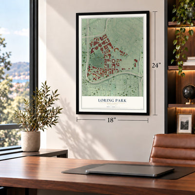Loring Park, Minnesota map, 18 x 24 inch print in a black frame in a home office