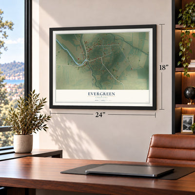 Evergreen, Louisiana map, 18 x 24 inch print in a black frame in a home office
