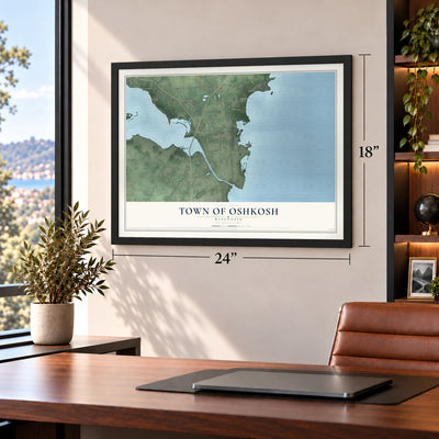 Town of Oshkosh, Wisconsin map, 18 x 24 inch print in a black frame in a home office