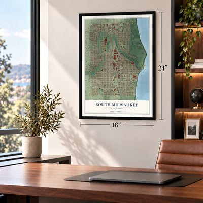 South Milwaukee, Wisconsin map, 18 x 24 inch print in a black frame in a home office