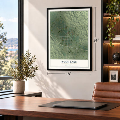 Wood Lake, Nebraska map, 18 x 24 inch print in a black frame in a home office