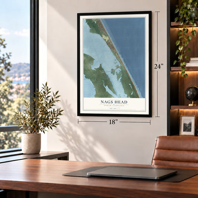 Nags Head, North Carolina map, 18 x 24 inch print in a black frame in a home office