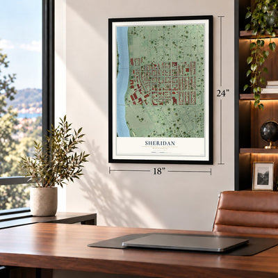 Sheridan, Minnesota map, 18 x 24 inch print in a black frame in a home office