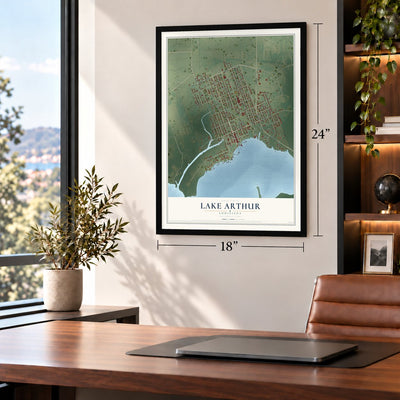Lake Arthur, Louisiana map, 18 x 24 inch print in a black frame in a home office