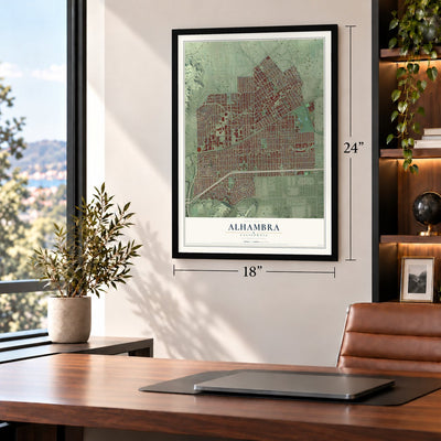Alhambra, California map, 18 x 24 inch print in a black frame in a home office