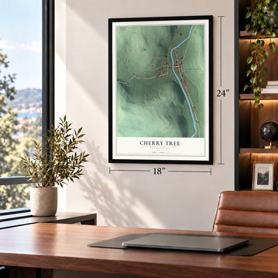 Cherry Tree, Pennsylvania map, 18 x 24 inch print in a black frame in a home office