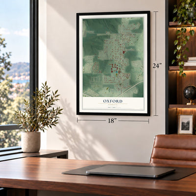 Oxford, Georgia map, 18 x 24 inch print in a black frame in a home office