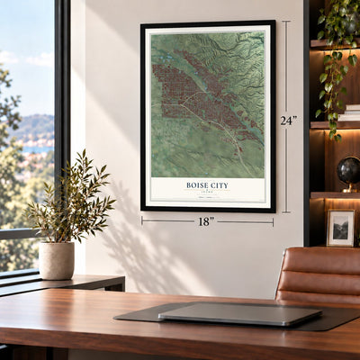 Boise City, Idaho map, 18 x 24 inch print in a black frame in a home office