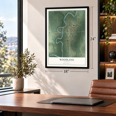 Woodland, Illinois map, 18 x 24 inch print in a black frame in a home office