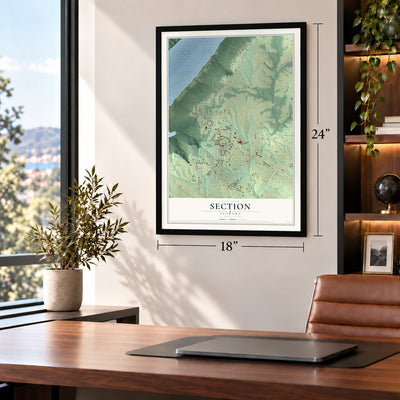 Section, Alabama map, 18 x 24 inch print in a black frame in a home office