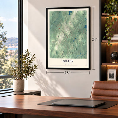 Bolton, Massachusetts map, 18 x 24 inch print in a black frame in a home office
